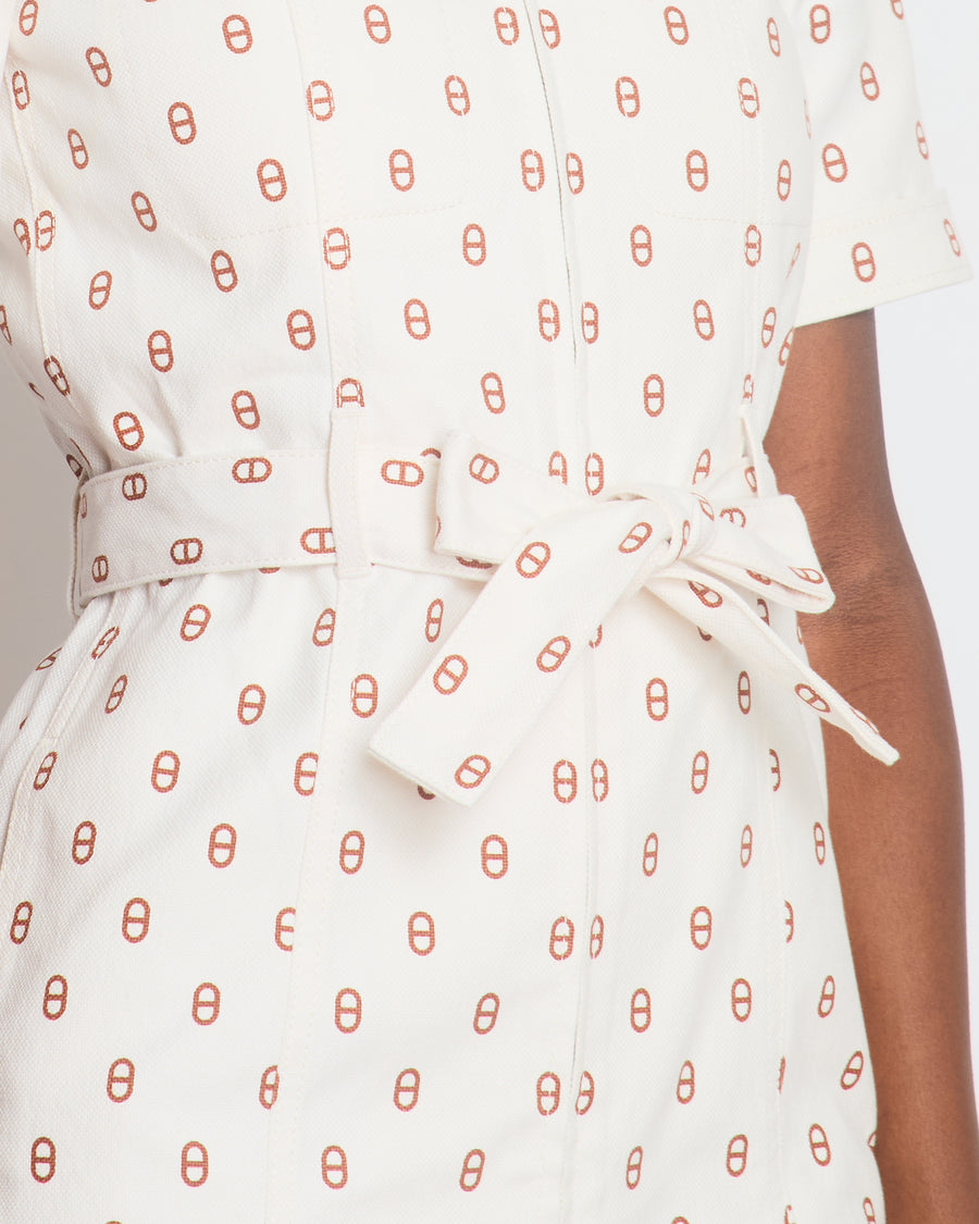 Hermès White and Brown Chain D'ancre Belted Midi Dress Size FR 34 (UK 6)