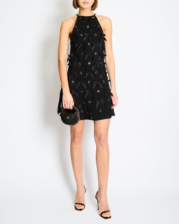 *RARE* Chanel Black Mini Dress with Bow Details and Crystal Logo Embellishments Size FR 34 (UK 6)