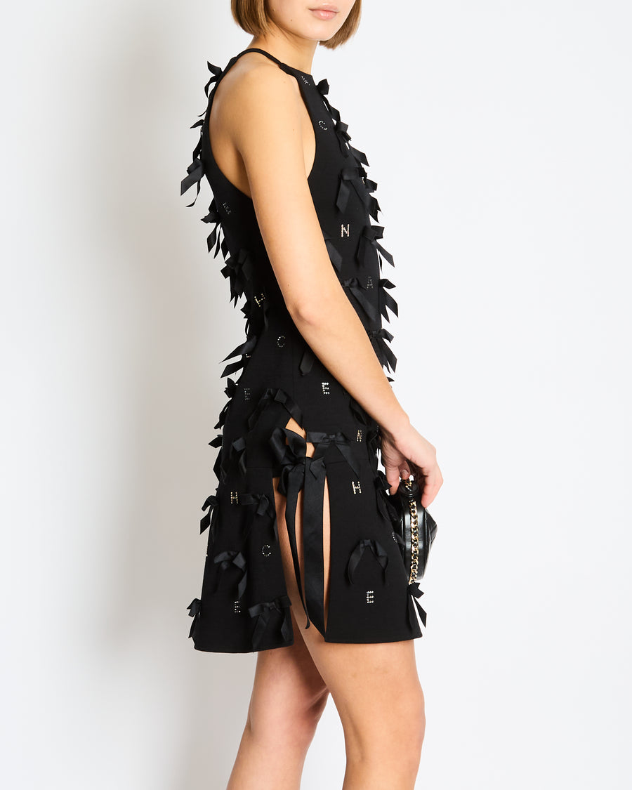 *RARE* Chanel Black Mini Dress with Bow Details and Crystal Logo Embellishments Size FR 34 (UK 6)