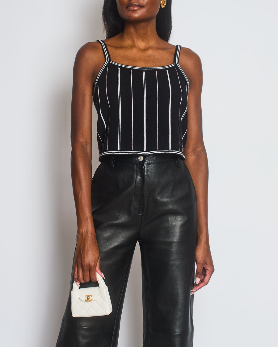 Chanel 23P Black Knitted Vest Top with White & Light Pink Stripes Detail Size FR 38 (UK 10)