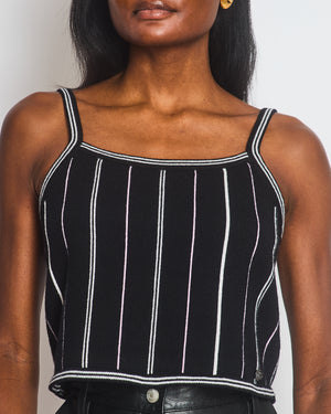 Chanel 23P Black Knitted Vest Top with White & Light Pink Stripes Detail Size FR 38 (UK 10)