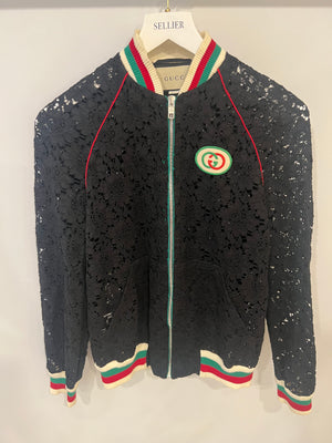 Gucci Black Lace Bomber Jacket with White, Red and Green Knitted Collar and Cuffs and GG Logo Detail Size IT 38 (UK 6)