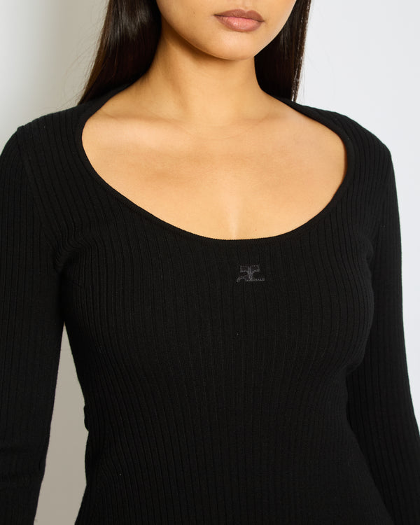 Courrèges Black Ribbed Long Sleeves Dress with Logo Detail Size S (FR 36, UK 8)