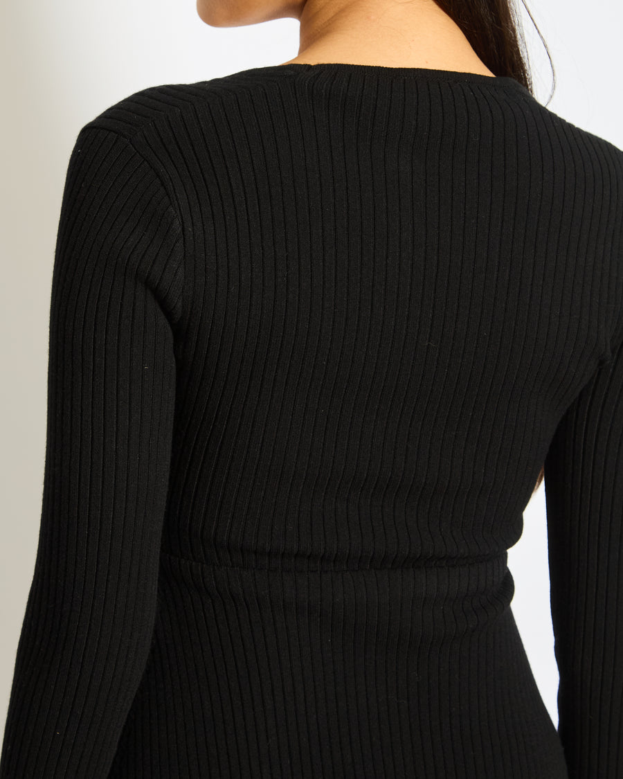 Courrèges Black Ribbed Long Sleeves Dress with Logo Detail Size S (FR 36, UK 8)