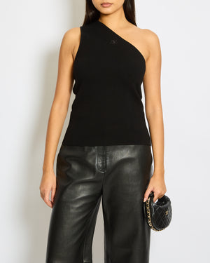 Courrèges Black One Shoulder Ribbed Top with Logo Detail Size S (FR 36, UK 8)