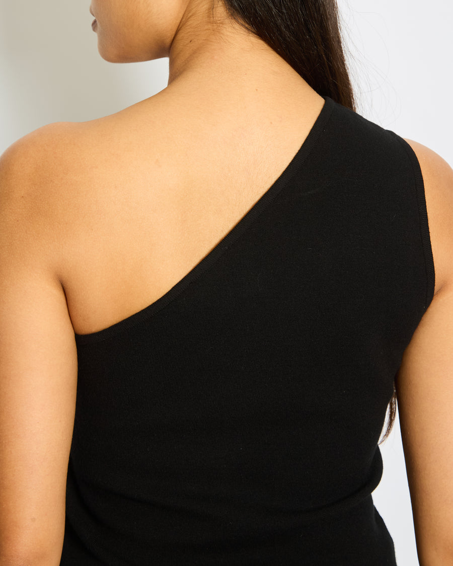 Courrèges Black One Shoulder Ribbed Top with Logo Detail Size S (FR 36, UK 8)