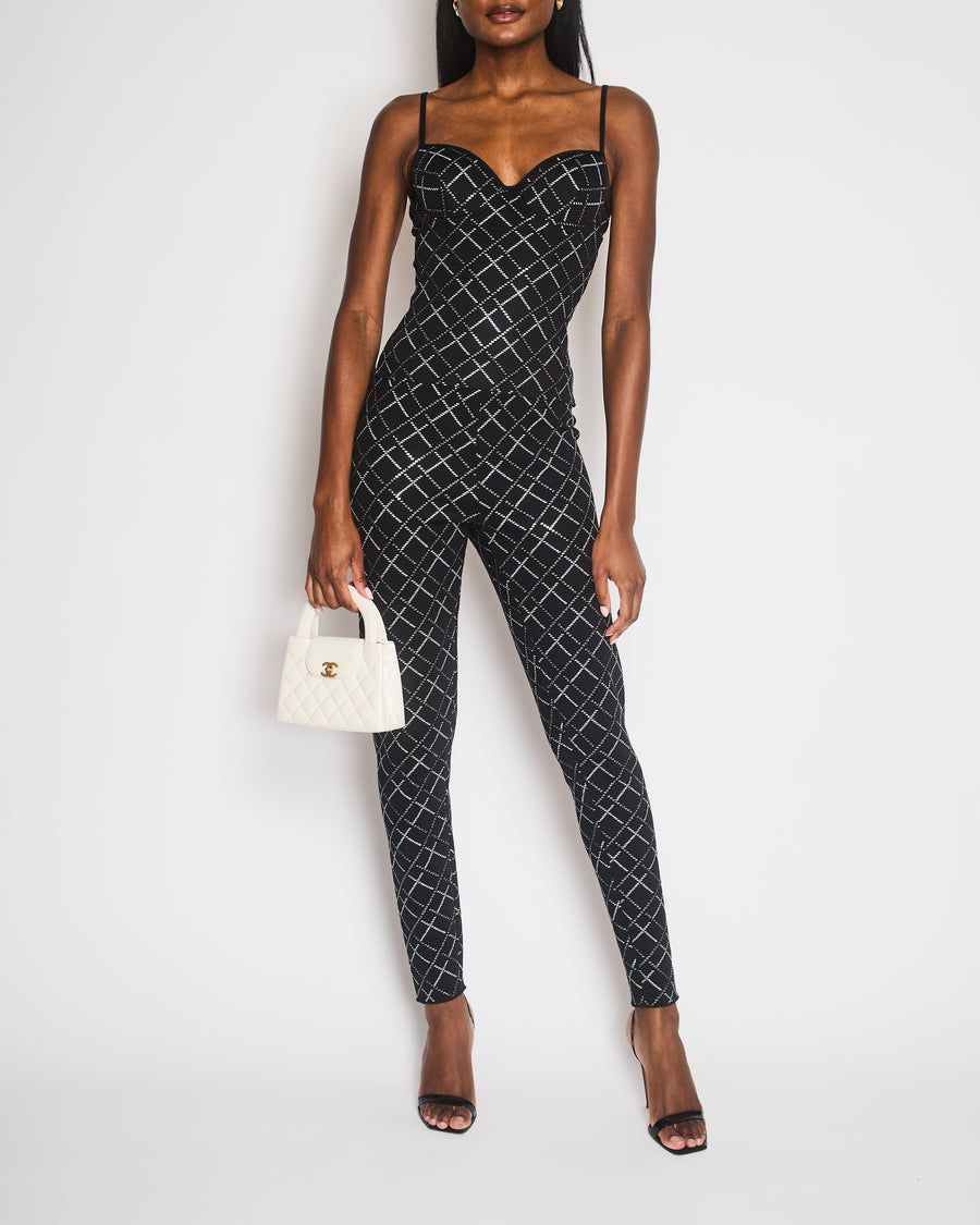 Chanel 20C Black Quilt Glittered Thin Strap Top and Leggings with Black and White CC Logo Detail Size FR 42 (UK 14)