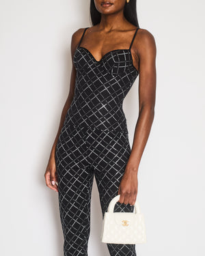 Chanel 20C Black Quilt Glittered Thin Strap Top and Leggings with Black and White CC Logo Detail Size FR 42 (UK 14)