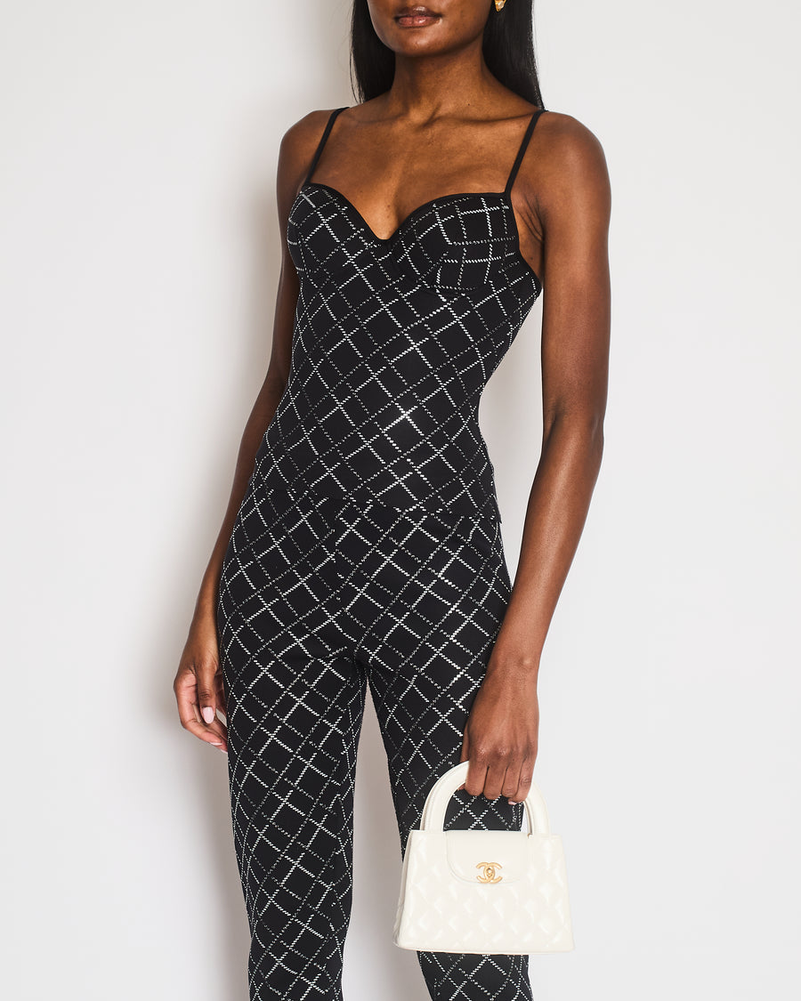 Chanel 20C Black Quilt Glittered Thin Strap Top and Leggings with Black and White CC Logo Detail Size FR 42 (UK 14)
