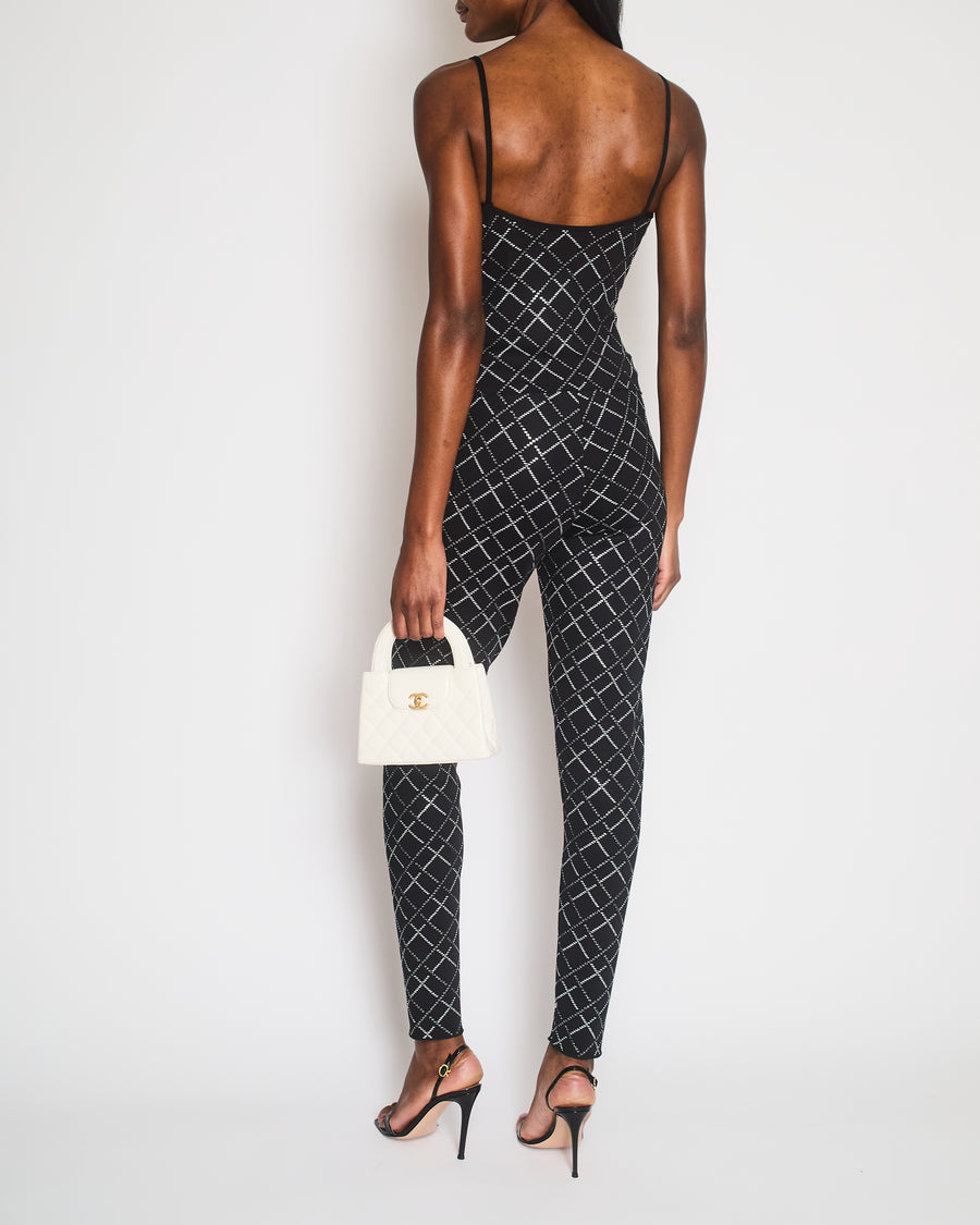 Chanel 20C Black Quilt Glittered Thin Strap Top and Leggings with Black and White CC Logo Detail Size FR 42 (UK 14)
