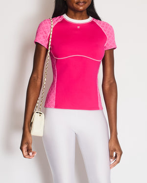 Chanel Cruise 2024 Hot Pink Short Sleeved Top with CC Logo Prints and Crystal CC Logo Detail Size FR 40 (UK 12)