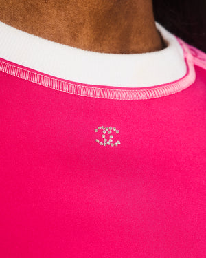 Chanel Cruise 2024 Hot Pink Short Sleeved Top with CC Logo Prints and Crystal CC Logo Detail Size FR 40 (UK 12)
