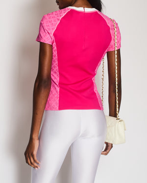 Chanel Cruise 2024 Hot Pink Short Sleeved Top with CC Logo Prints and Crystal CC Logo Detail Size FR 40 (UK 12)