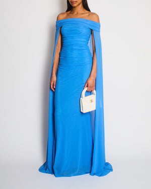 Talbot Runhof Blue Off-The-Shoulders Draped in Stretch Tulle Maxi Dress Size DE 34 (UK 8)