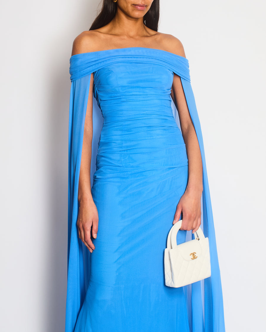 Talbot Runhof Blue Off-The-Shoulders Draped in Stretch Tulle Maxi Dress Size DE 34 (UK 8)