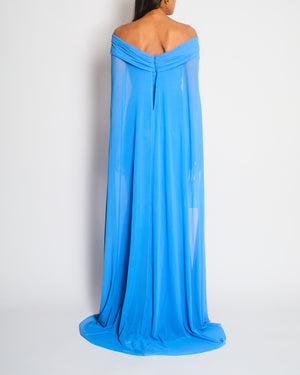 Talbot Runhof Blue Off-The-Shoulders Draped in Stretch Tulle Maxi Dress Size DE 34 (UK 8)