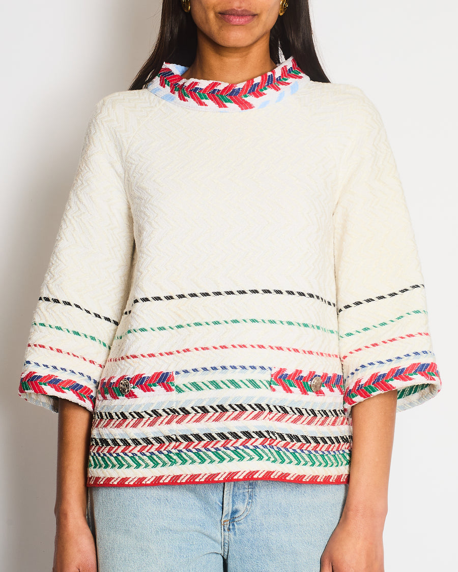 Chanel White Tweed Chevron Short Sleeve Top with Silver Botton Detail FR 38 Size UK 8