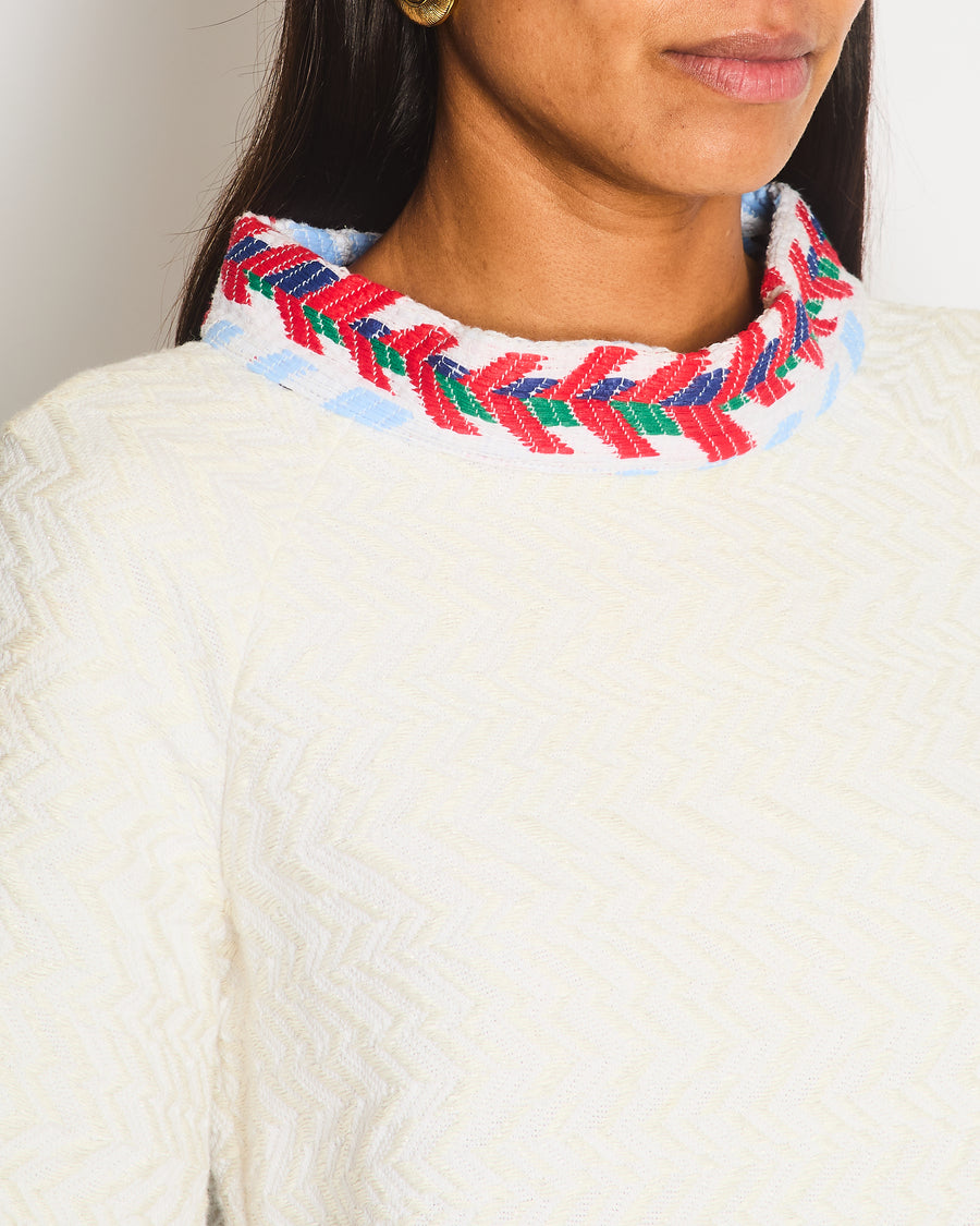 Chanel White Tweed Chevron Short Sleeve Top with Silver Botton Detail FR 38 Size UK 8