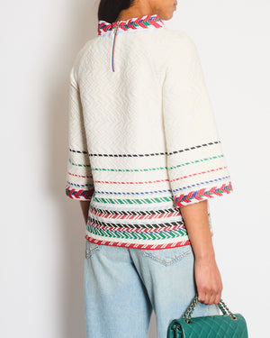 Chanel White Tweed Chevron Short Sleeve Top with Silver Botton Detail FR 38 Size UK 8