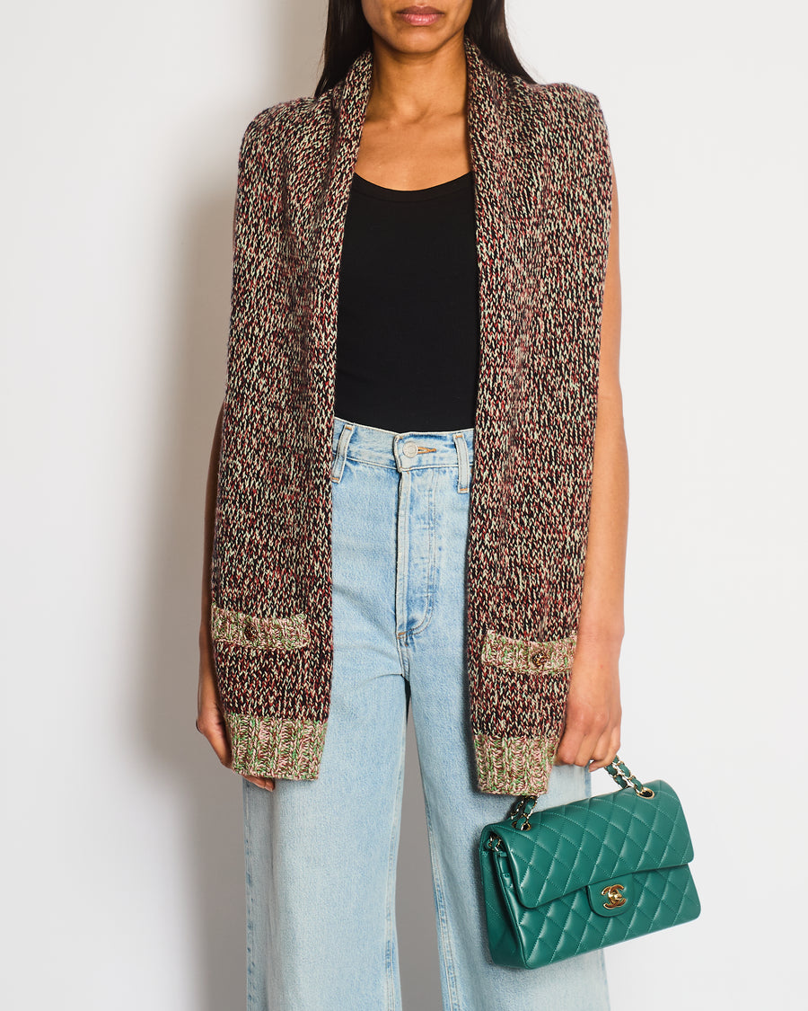 Chanel Green & Burgundy Knitted Gilet with CC Pocket Detail Size L (UK 12/14)