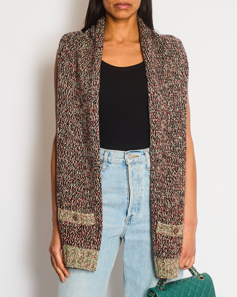 Chanel Green & Burgundy Knitted Gilet with CC Pocket Detail Size L (UK 12/14)