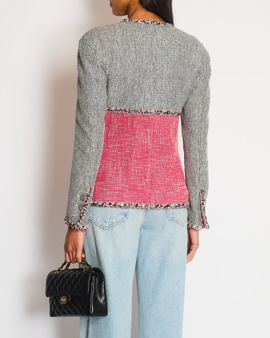 Chanel Pink and Grey Braided Trim Tweed Jacket with CC Logo Button Detailing Size FR 36 (UK 8)