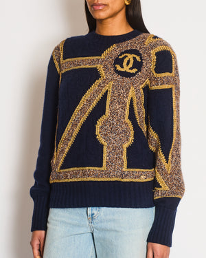 Chanel 21/A Navy Cashmere Knitted CC Jumper Size FR 38 (UK 10)