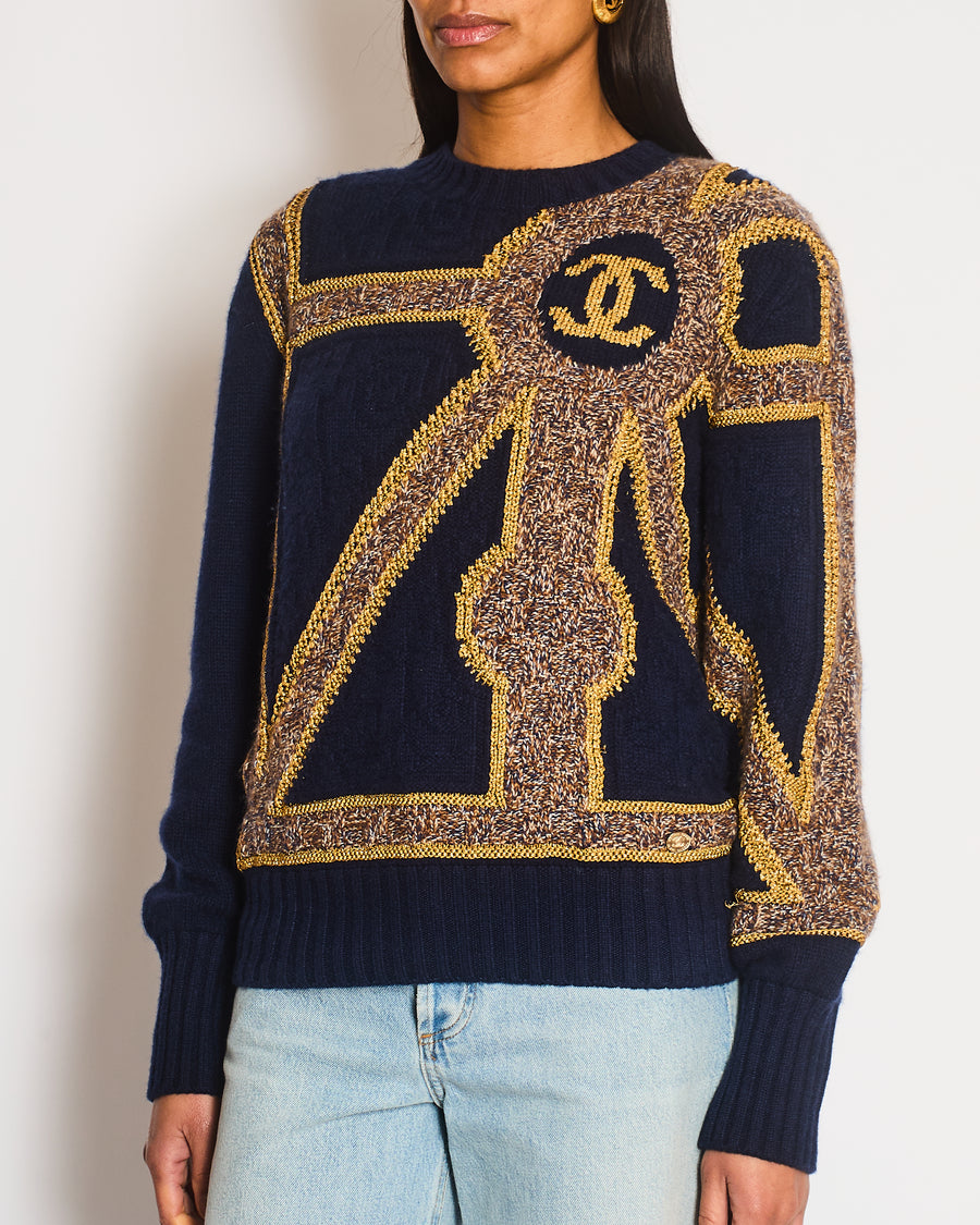 Chanel 21/A Navy Cashmere Knitted CC Jumper Size FR 38 (UK 10)