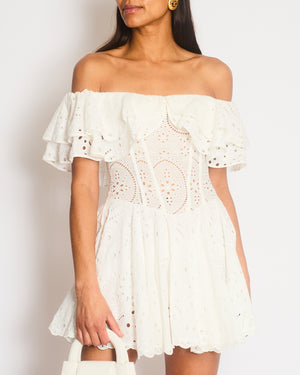 Charo Ruiz White Off the Shoulder Ruffled Lace Mini Dress Size XS (UK 4-6)