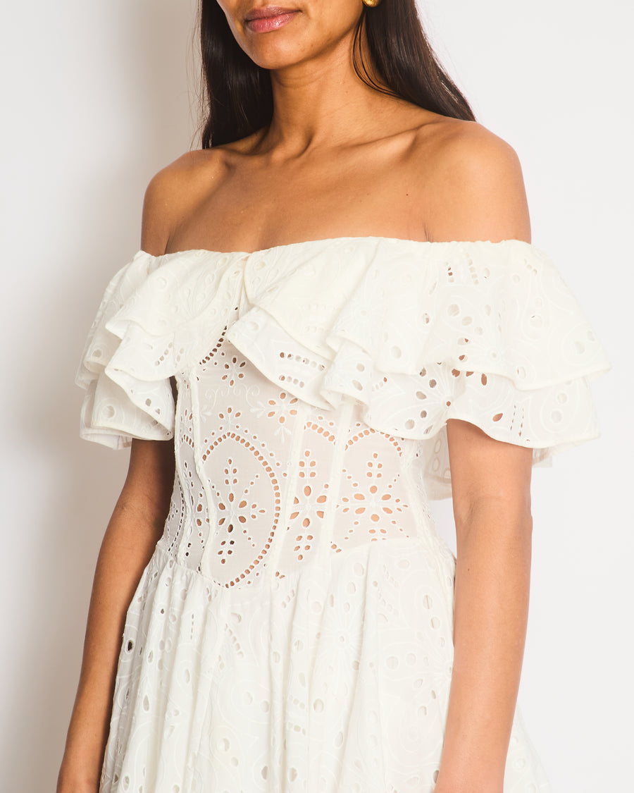 Charo Ruiz White Off the Shoulder Ruffled Lace Mini Dress Size XS (UK 4-6)