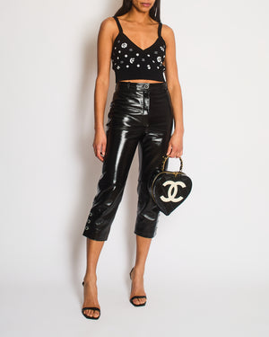 Chanel Black Shiny Leather Trousers with Sparkling Pearl Button Details Size FR 34 (UK 6)