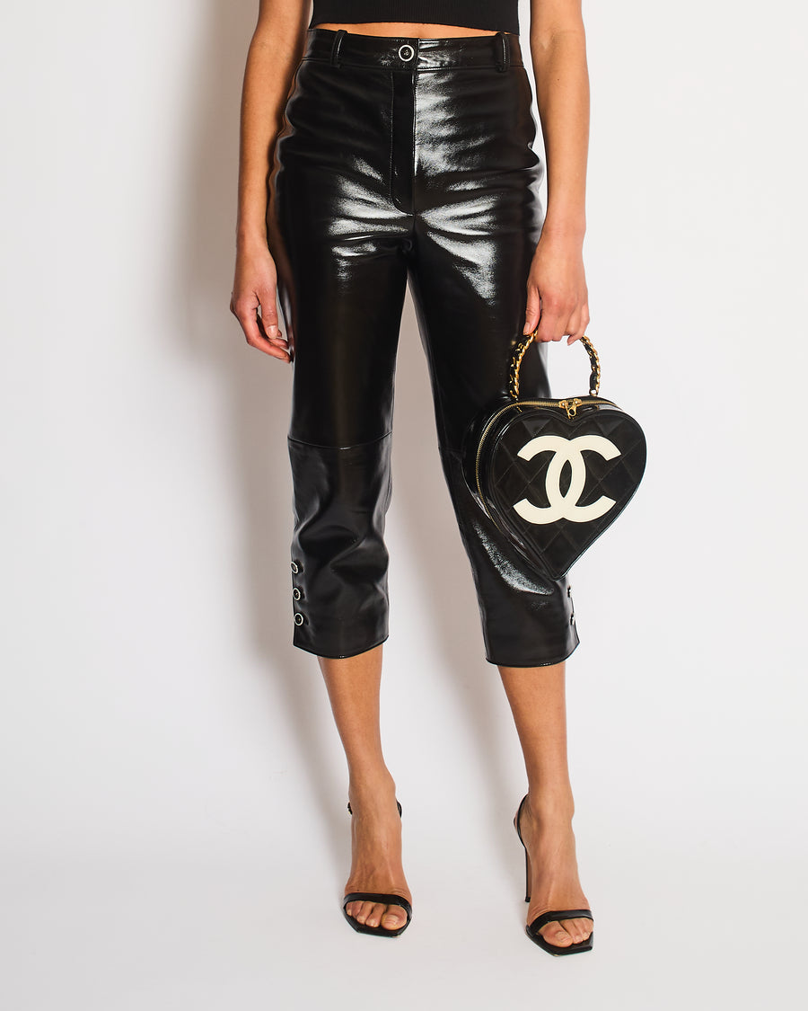 Chanel Black Shiny Leather Trousers with Sparkling Pearl Button Details Size FR 34 (UK 6)