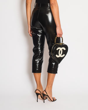 Chanel Black Shiny Leather Trousers with Sparkling Pearl Button Details Size FR 34 (UK 6)