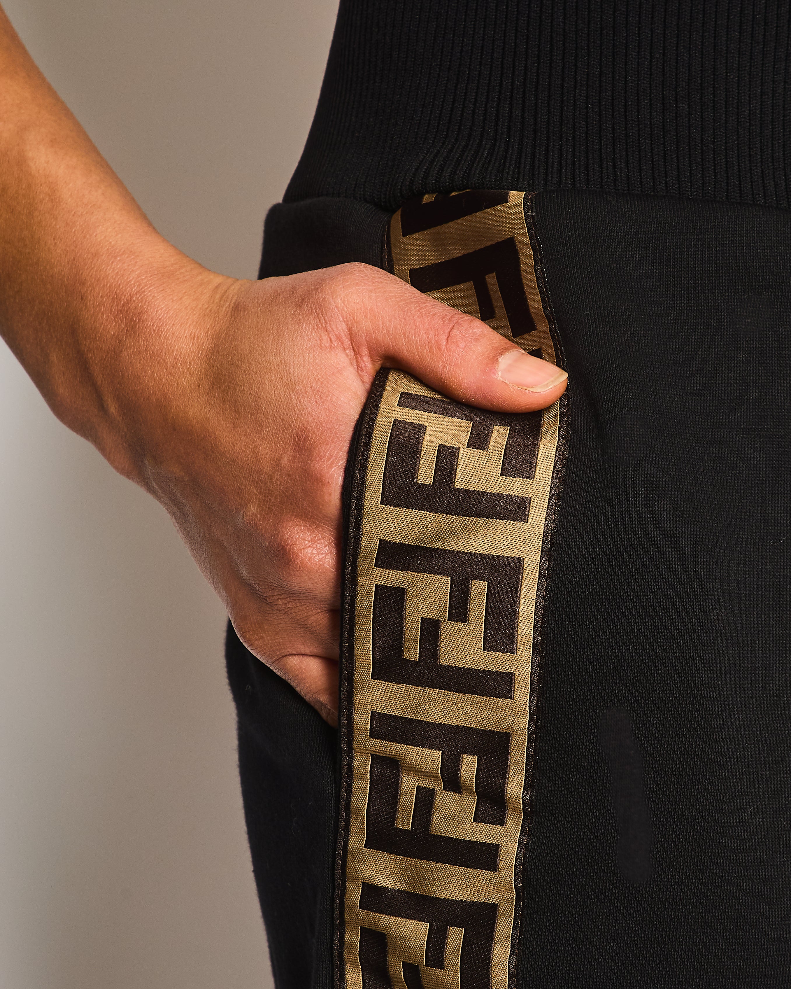Fendi Black Joggers with Brown Stripe Logo Details Size IT 46 (UK