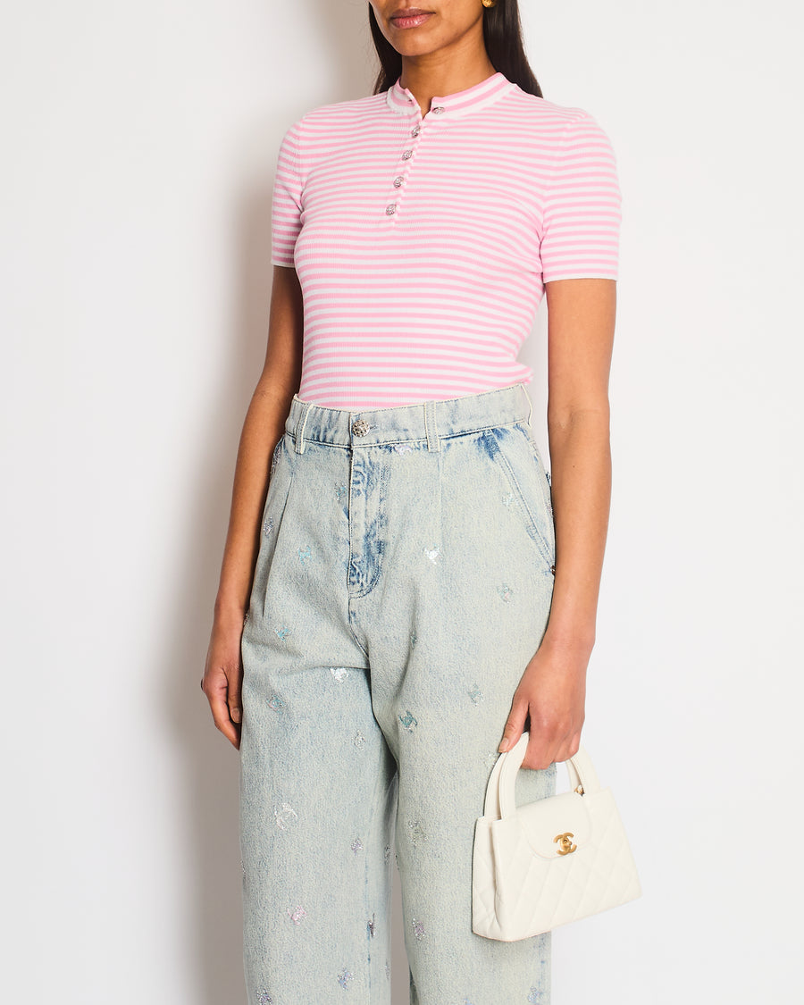 Chanel Pink and White Striped Cotton Knit Top Size FR 36 (UK 8)