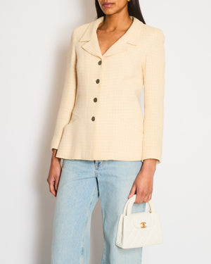 Chanel 00/C White and Peach Check Tweed Long Sleeve Jacket with Brushed Silver Logo Buttons Size FR 38 (UK 10)