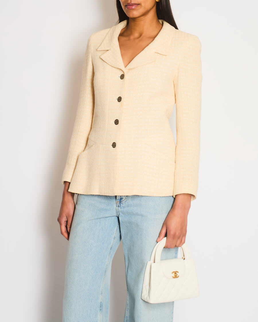 Chanel 00/C White and Peach Check Tweed Long Sleeve Jacket with Brushed Silver Logo Buttons Size FR 38 (UK 10)