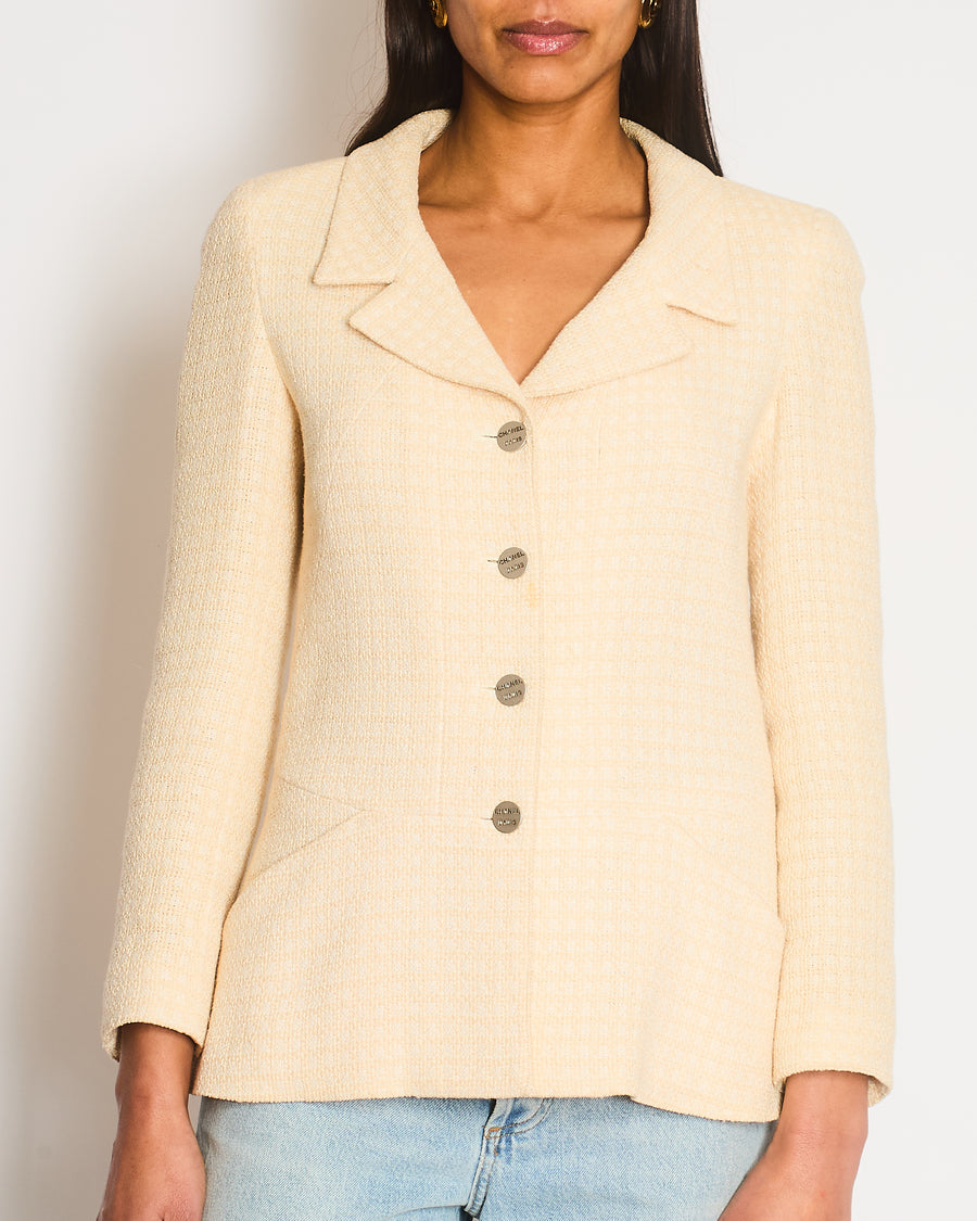 Chanel 00/C White and Peach Check Tweed Long Sleeve Jacket with Brushed Silver Logo Buttons Size FR 38 (UK 10)