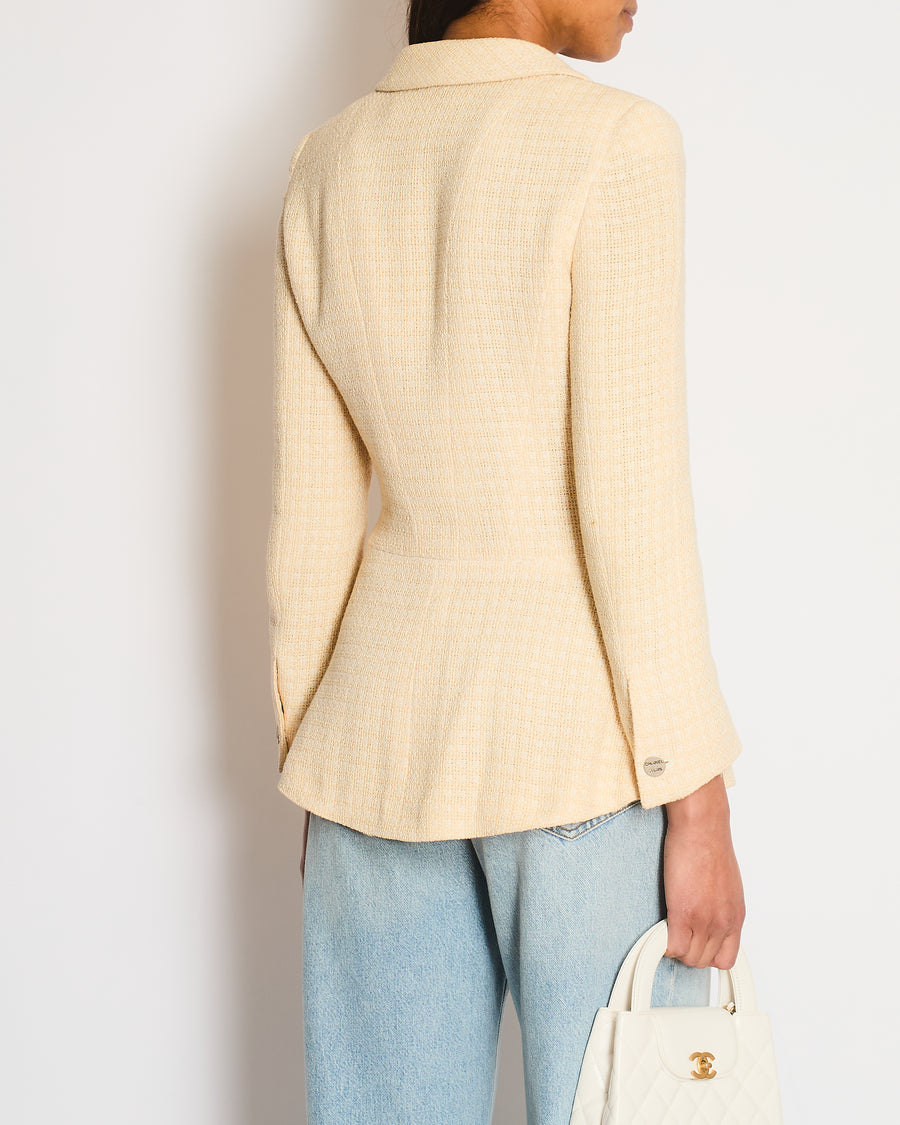 Chanel 00/C White and Peach Check Tweed Long Sleeve Jacket with Brushed Silver Logo Buttons Size FR 38 (UK 10)