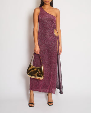 Oséree Pink Sparkly One Shoulder Maxi Dress with Gold Hoop Detail and Side Slit Size S (UK 8-10)