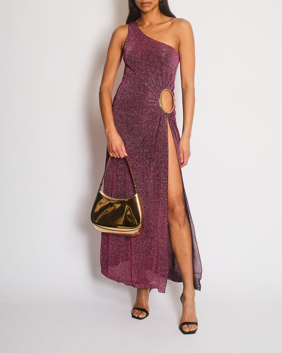 Oséree Pink Sparkly One Shoulder Maxi Dress with Gold Hoop Detail and Side Slit Size S (UK 8-10)