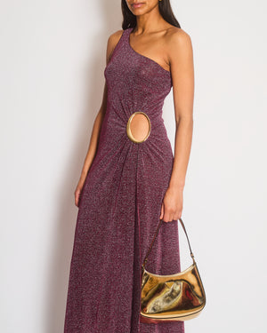 Oséree Pink Sparkly One Shoulder Maxi Dress with Gold Hoop Detail and Side Slit Size S (UK 8-10)