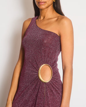 Oséree Pink Sparkly One Shoulder Maxi Dress with Gold Hoop Detail and Side Slit Size S (UK 8-10)