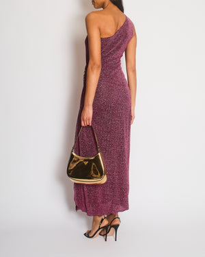 Oséree Pink Sparkly One Shoulder Maxi Dress with Gold Hoop Detail and Side Slit Size S (UK 8-10)