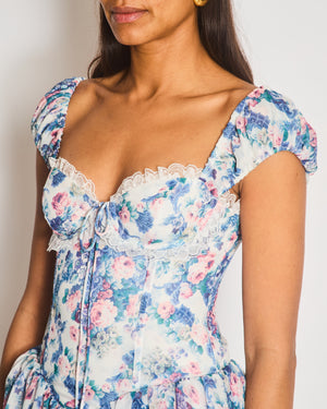 For Lovers & Lemon Blue and Pink Flower Pattern Ruched Sleeve Mini Dress with Corset and Lace Detail Size XS (UK 4-6)