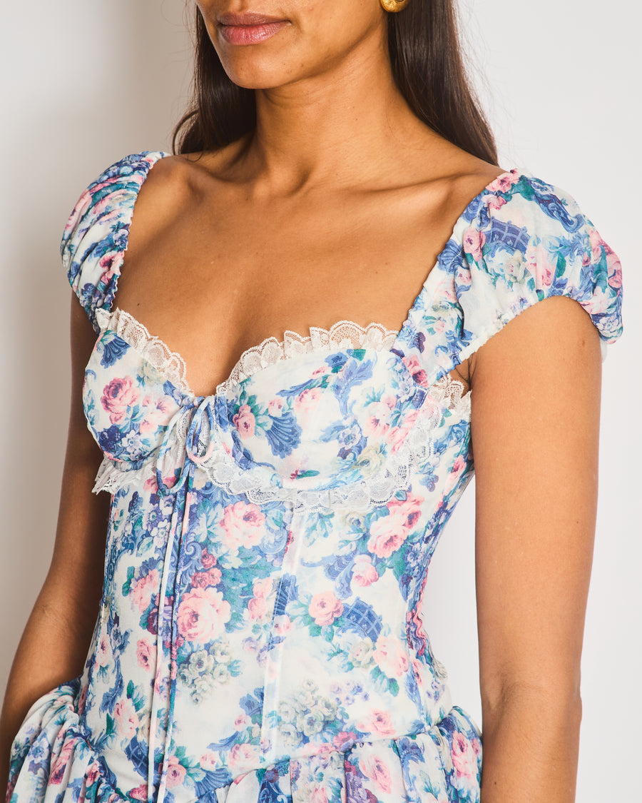 For Lovers & Lemon Blue and Pink Flower Pattern Ruched Sleeve Mini Dress with Corset and Lace Detail Size XS (UK 4-6)