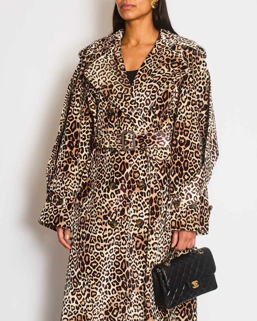 Alexandre Vauthier Brown Leopard Velvet Trench Coat with Button Detailing Size FR 36 (UK 8)