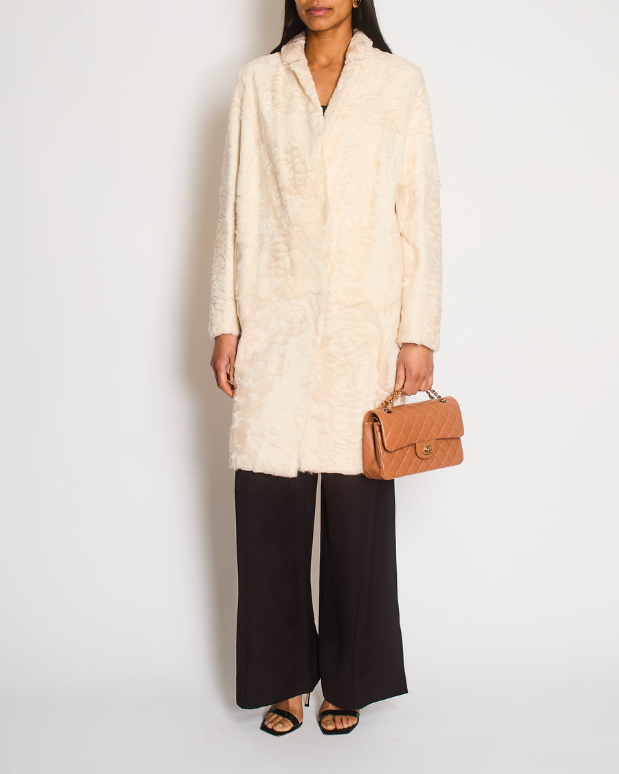 Via Capella White Astrakhan Fur Long Coat with Collar Size IT 42 (UK 10)