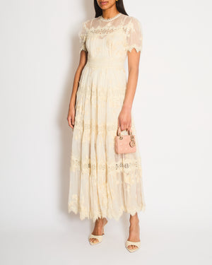 Zimmermann Cream Short Sleeve Tiered Sheer Mesh and Lace Maxi Dress with Slip Size 0 (UK 8)