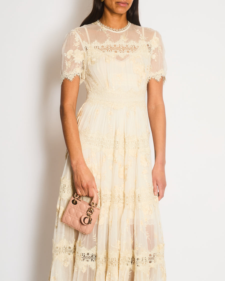 Zimmermann Cream Short Sleeve Tiered Sheer Mesh and Lace Maxi Dress with Slip Size 0 (UK 8)